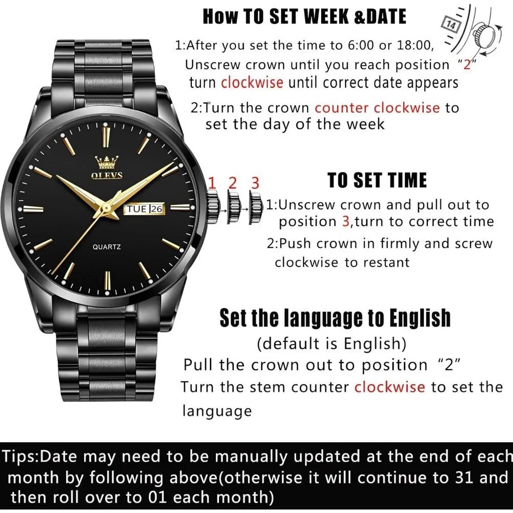 Olevs Men's Black Steel Black-Dial Waterproof Stainless Luminous Stylish Watch
